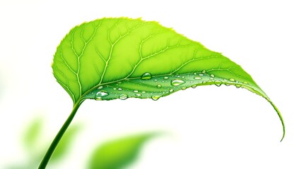 A close-up of a fresh, dewy green leaf with water droplets symbolizing purity, freshness, and nature, isolated on white.