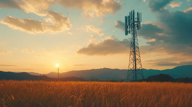 5G mobile technology in a rural area portrayed in a cinematic style