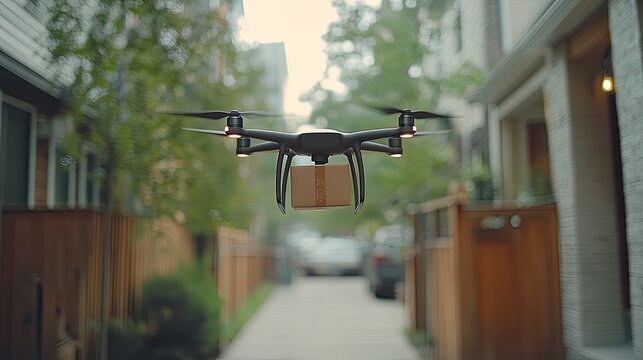 Delivery drone transporting a package through a residential alley in the afternoon light