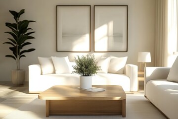 Modern minimalist living room, neutral color palette, white sofa, wooden coffee table, potted plant, large indoor plant, framed wall art, natural light, cozy interior design, scandinavian style, beige
