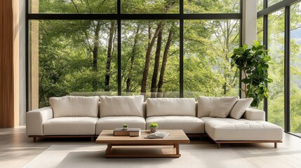 Modern minimalist living room, panoramic windows, mountain view, white L-shaped sofa, wooden coffee table, potted plant, natural light, open floor plan, neutral color palette, contemporary interior de