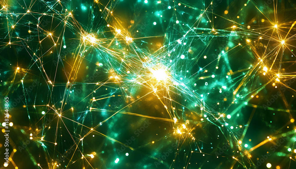 Poster networking digital connection with dynamic nodes and evolving lines representing internet communicat