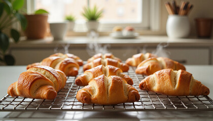 Freshly baked croissants cooling on wire rack in bright kitchen