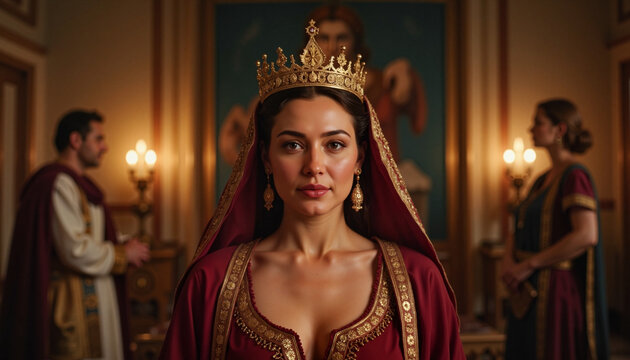 Confident Queen Esther regal in Persian throne room, royal authority