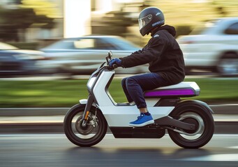 Fototapeta premium Side view of a man riding a small motorcycle on a winding road