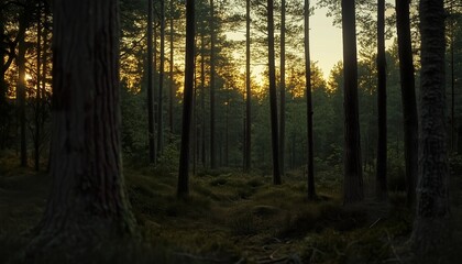 Obraz premium Picturesque Swedish dense forest at dusk in a flat view