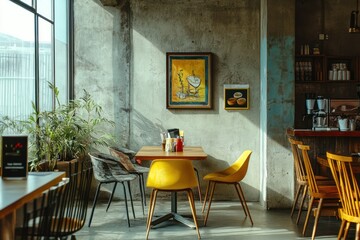 Sunny cafe interior, yellow chairs, city view, art