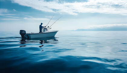 Obraz premium Offshore fishing boat on the blue sea with a fisherman actively holding a rod -