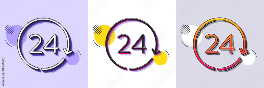 Poster 24 hours time line icon. halftone dotted pattern. gradient icon with grain shadow. clock sign. watch