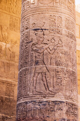 Agilkia Island, Aswan, Egypt. Carvings on a column at the Philae Temple, a UNESCO World Heritage Site.