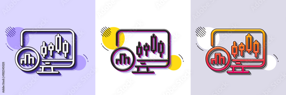 Poster candlestick chart line icon. halftone dotted pattern. gradient icon with grain shadow. analytics gra