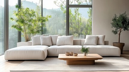 Modern minimalist living room, panoramic windows, mountain view, white L-shaped sofa, wooden coffee table, potted plant, natural light, open floor plan, neutral color palette, contemporary interior de