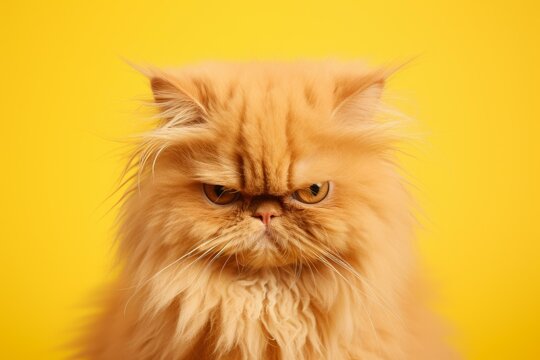 Red persian cat with a grumpy expression on a vibrant yellow background, creating a striking and humorous image