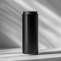 Sleek black aluminum beverage can featuring ample branding space, ideal for product promotion, versatile mockup with transparent backdrop