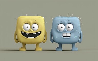 Fototapeta premium Two cartoon monsters with big eyes and big smiles full of teeth. Imitation of a painted picture. Illustration for banner, poster, cover, brochure or presentation.