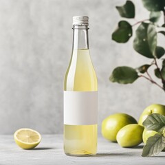 Transparent juice bottle design featuring customizable branding area and blank white labels, ideal for product presentation and marketing purposes