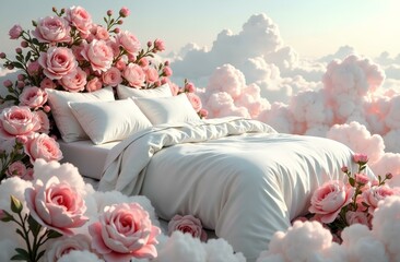 Bed with white bedding linens in flowers clouds as a concept for a serene and comfortable sleep