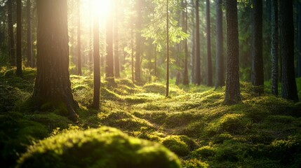 Obraz premium Sunlit Forest Path: A Serene Escape into Nature's Embrace. A breathtaking view of a sunlit forest floor, showcasing the beauty of nature's tranquility.
