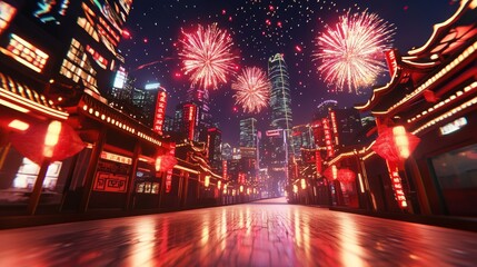 Vibrant fireworks over lively asian cityscape at night