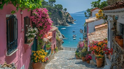 Coastal village with pink houses, sea.