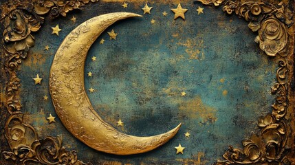 Ramadan background, Decorative crescent moon and star motifs forming an ornate frame, warm golden tones