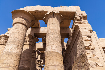 Kom Ombo, Aswan, Egypt. Carved columns at the Kom Ombo temple.