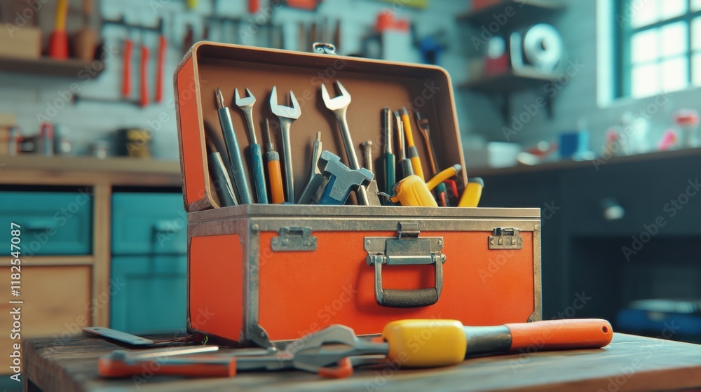 Poster classic toolbox overflowing with various tools, showcasing a vibrant array of colors and textures, e