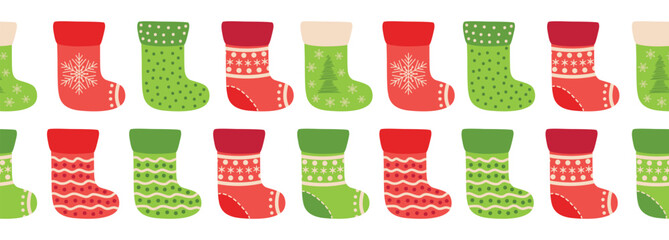 Merry Christmas seamless horizontal banner with candy cane, gingerbread, Christmas boot, flat illustration