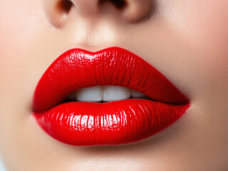 Fototapeta premium Lips, red, glossy, close-up, makeup, vibrant, sexy, kiss, pout, shiny, bold, alluring, cosmetics, beauty, mouth, glamour, lipstick, sensual, attractive, provocative, luscious, enticing, seductive, gli