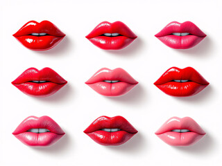 Multiple pairs of glossy red lips arranged in a neat grid pattern on a white background.