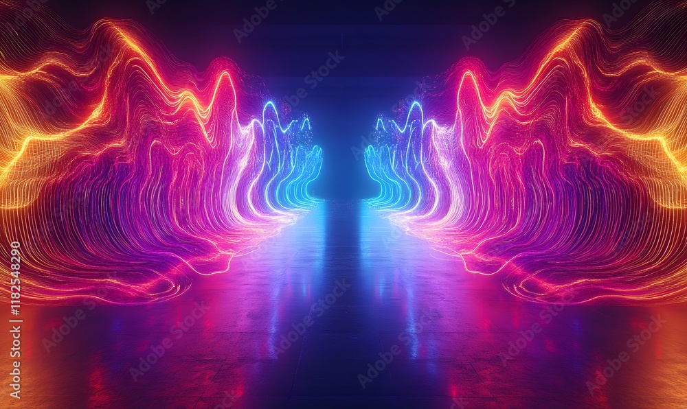 Poster a panoramic scene of neon lines forming intricate, abstract patterns and shapes