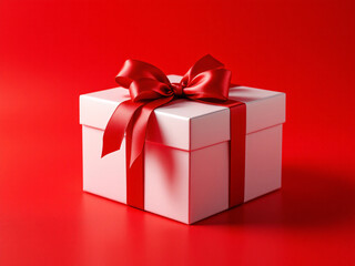Obraz premium White gift box with red ribbon on a red background.