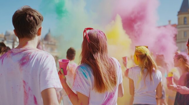 Young diverse adults celebrating colorful festival with vibrant powder and laughter - Powered by Adobe