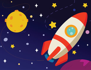 Flying Rocket in the Outer Space Vector Illustration