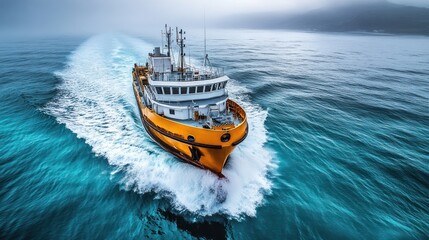 Obraz premium A vibrant orange ship navigating through calm, turquoise waters in a misty environment.