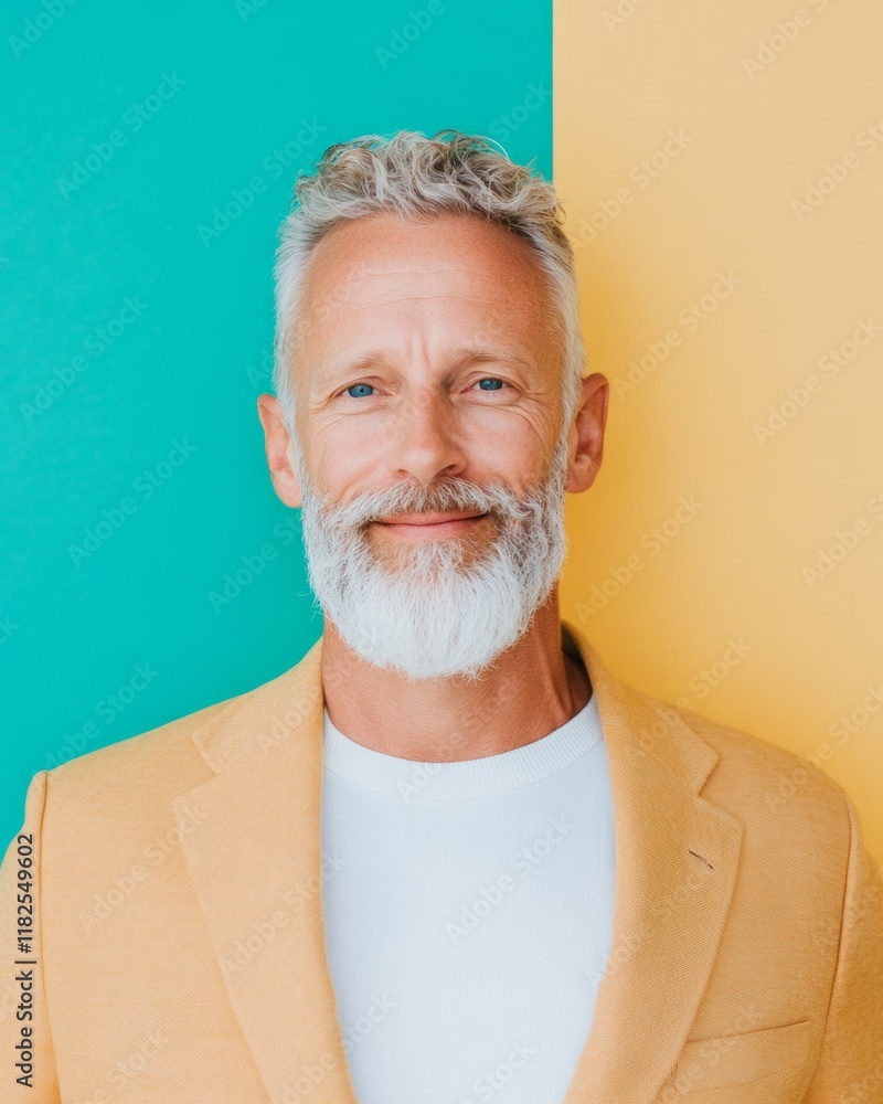Aufkleber confident middle-aged man in yellow jacket against colorful background