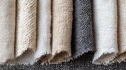 Variety of textured beige and grey woven fabrics in close-up view