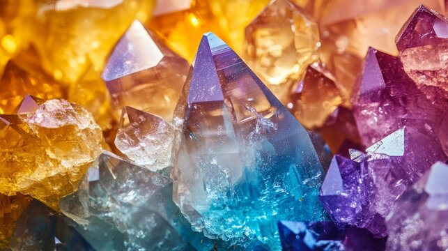 Vibrant amethyst and citrine crystal formation displaying colorful light refractions