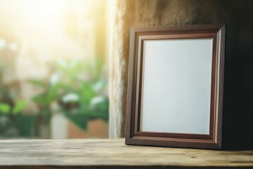 Thoughtful display of an empty frame by a sunlit window with lush greenery in the background creating a serene atmosphere