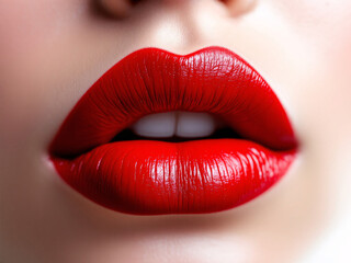 Obraz premium Lips, red, glossy, close-up, makeup, vibrant, sexy, kiss, pout, shiny, bold, alluring, cosmetics, beauty, mouth, glamour, lipstick, sensual, attractive, provocative, luscious, enticing, seductive, gli