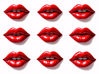 Obraz premium Multiple pairs of glossy red lips arranged in a neat grid pattern on a white background.