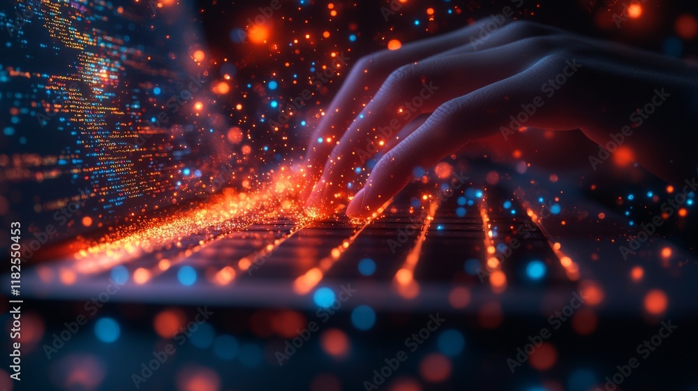Poster female hands typing on keyboard amidst digital code and bokeh light effects