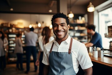 Fototapeta premium Portrait of a happy barista smiling while standing in his busy coffee shop
