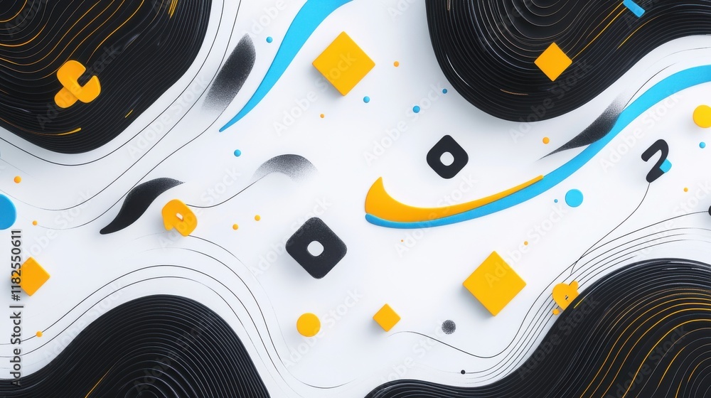 Poster dynamic tech-inspired illustration of curving black patterns and geometric shapes on white backgroun