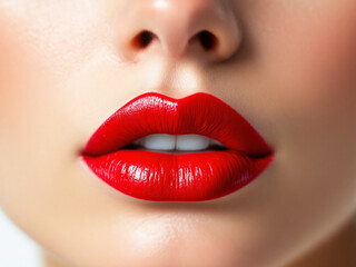 Obraz premium Lips, red, glossy, close-up, makeup, vibrant, sexy, kiss, pout, shiny, bold, alluring, cosmetics, beauty, mouth, glamour, lipstick, sensual, attractive, provocative, luscious, enticing, seductive, gli