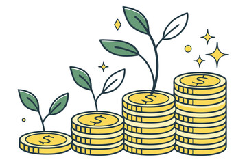 Gold coins stacks, green plant sprouts, financial growth concept, wealth accumulation, investment returns, sparkles, minimalist illustration, flat design, yellow and green color scheme, white backgrou