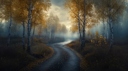Misty Autumn Road Winding Through Golden Birch Forest