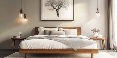 Modern minimalist bedroom, low platform bed, warm wood tones, pendant lights, nature-inspired wall art, beige walls, cozy bedding, sleek design, zen atmosphere, muted colors, clean lines, Japanese-ins