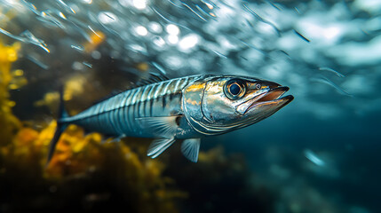 Fototapeta premium A barracuda darting through the water, with blurred streaks of silver as the background, during a high-speed underwater moment