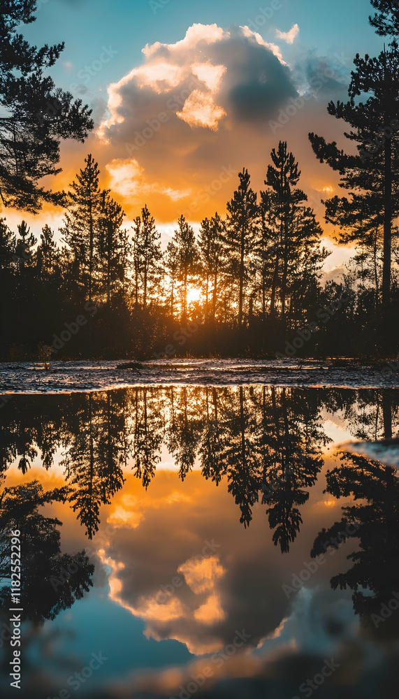 Poster reflections of trees and clouds in a puddle during golden hour -